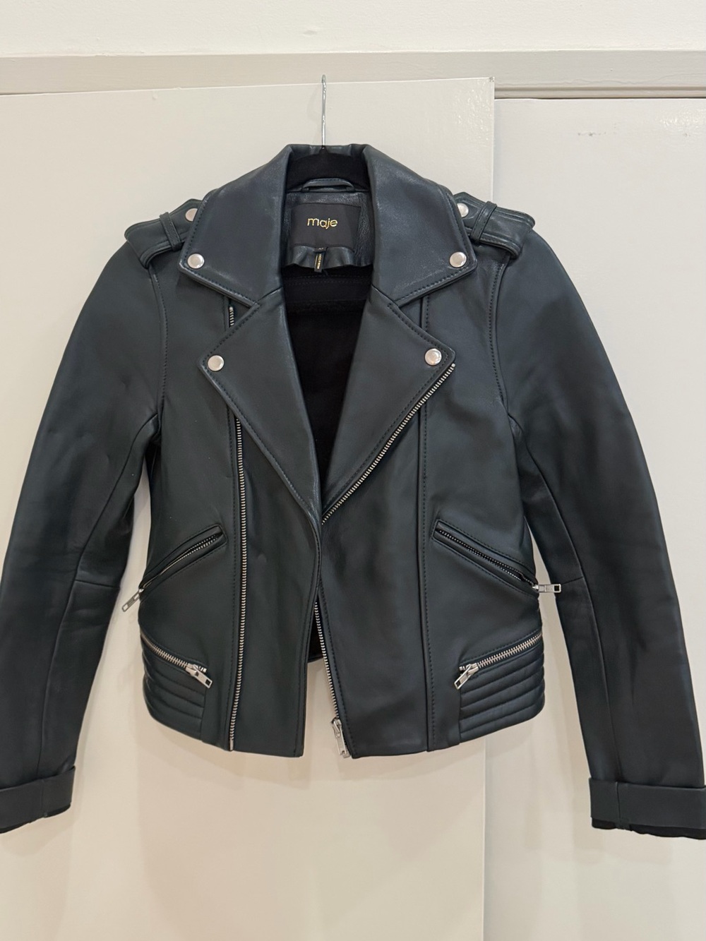 Maje Black Leather Asymmetric Moto Jacket with Silver Hardware